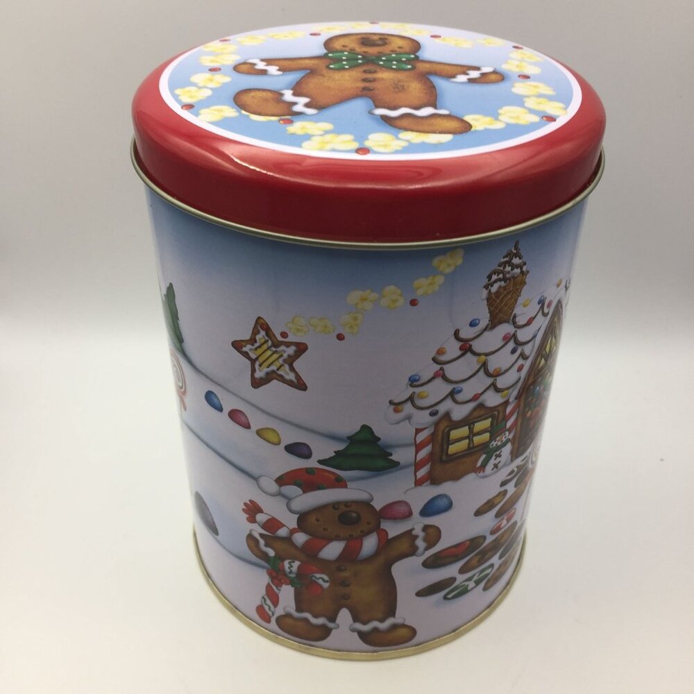 Santa's Workbench Large Round Red Canister Christmas Holiday Gingerbread Men 6"